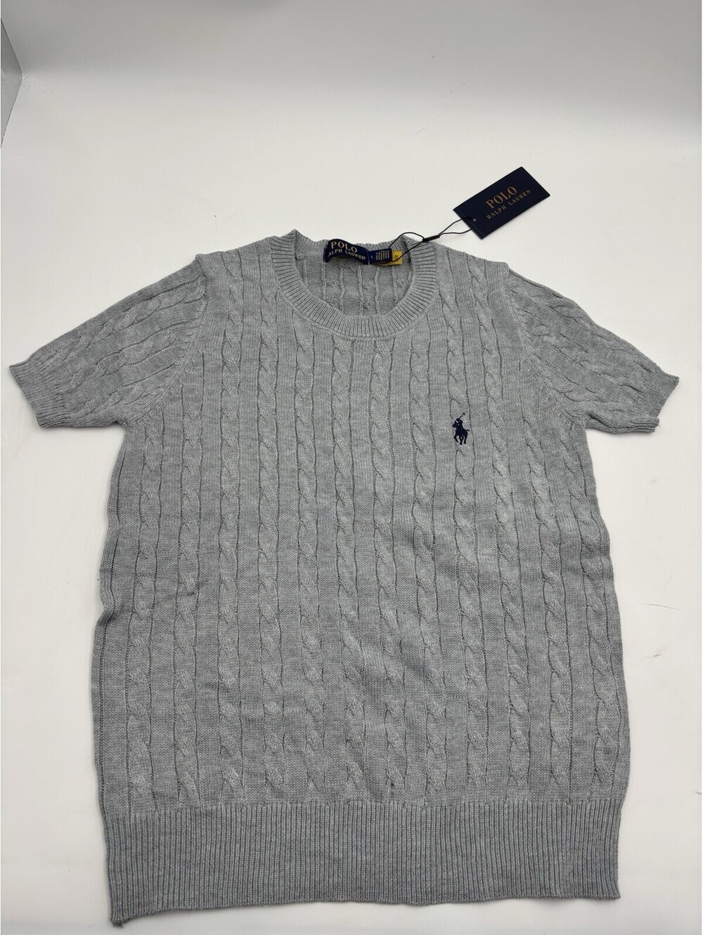 Polo Ralph Lauren NWT Women’s Pima Cotton Short Sleeve Cable Knit Gray L NEW!